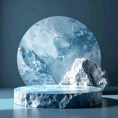 3d rendering of blue marble podium for product display in dark roomの素材