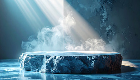 3D rendering of empty podium for product presentation. Futuristic pedestal or platform with lighting and smoke.の素材