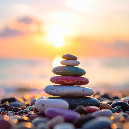 zen stones on the beach at sunset, concept of harmony and balanceの素材