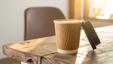 Coffee cup on wooden table in coffee shop, stock photoの素材