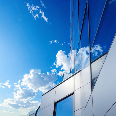 High rise building with blue sky and white clouds. Perspective view of modern office building.の素材