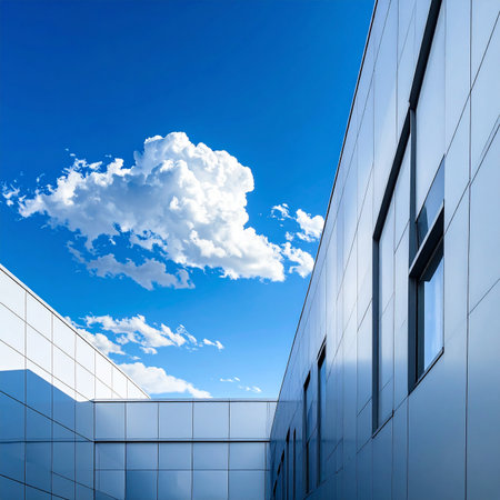 Facade of a modern office building with blue sky and white cloudsの素材