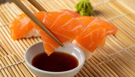 Salmon nigiri sushi with chopsticks and soy sauce on bamboo matの素材