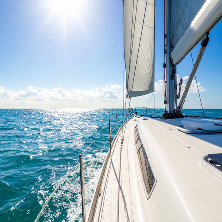 White yacht sailing in the open sea on a sunny summer day.の素材