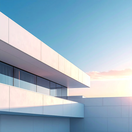 Modern architecture abstract background. Perspective view of the facade of a modern building. 3d renderの素材
