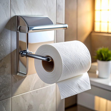 Toilet paper roll on the wall in bathroom. Hygiene concept.の素材