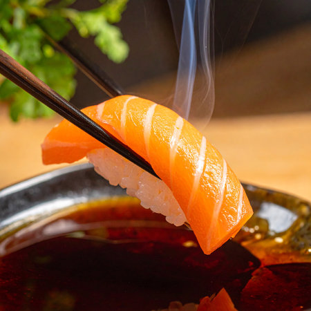 Salmon nigiri sushi with chopsticks and soy sauce on wooden tableの素材