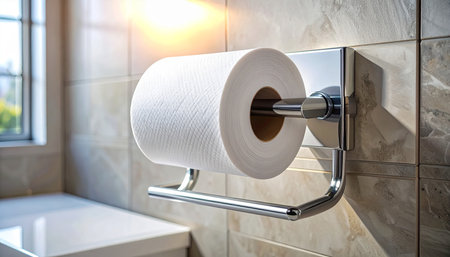 Roll of toilet paper hanging on holder in bathroom, closeup viewの素材