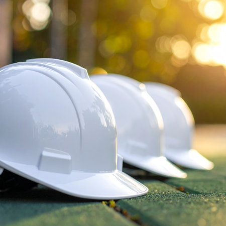 white hard hat on the background of the sun in the summer.の素材