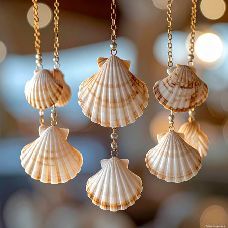 Seashells hanging on a chain on a bokeh backgroundの素材