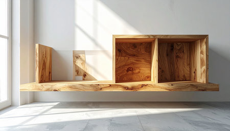 Wooden shelves in the interior of the room. 3d renderingの素材