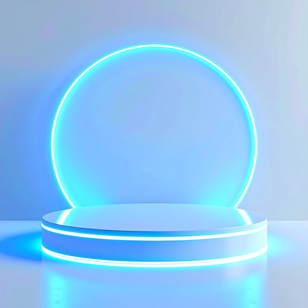 Abstract background with round podium illuminated by neon light. 3d renderの素材