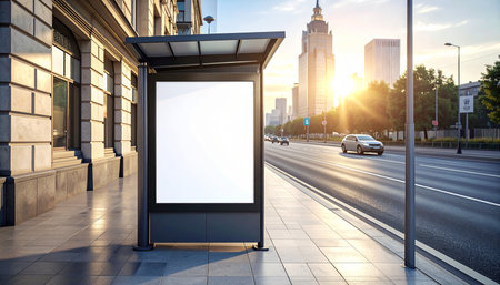 Blank billboard on bus stop at sunset. 3d rendering.の素材