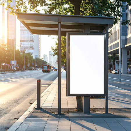 Blank white billboard on bus stop in city. 3d renderingの素材