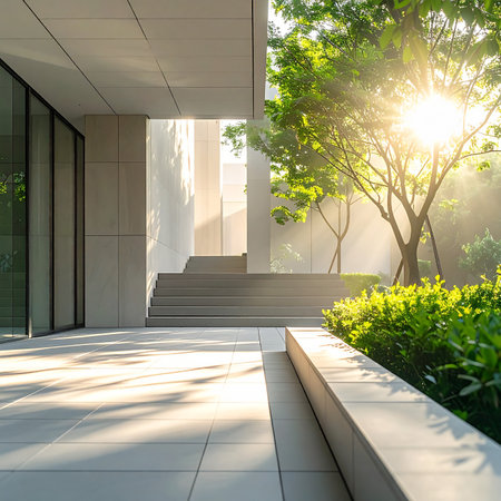outdoor terrace with stairs and trees in the morning light.の素材