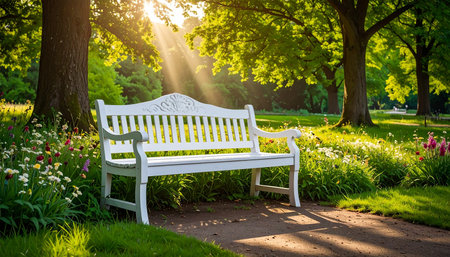 White bench in the park at sunset. Beautiful summer landscape with a bench.の素材