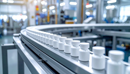 Conveyor belt with plastic bottles at the factory. Industrial backgroundの素材