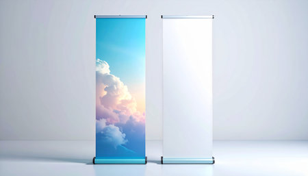 Roll up banner stand display. 3d rendering mock up for your designの素材