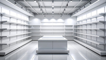 3d render of exhibition hall interior with empty shelves for exhibit.の素材