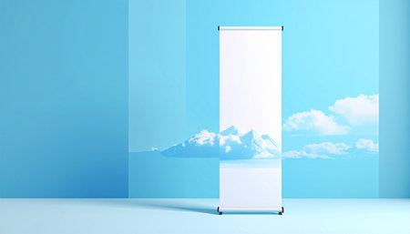 Roll up banner stand in blue room with clouds. 3d renderの素材