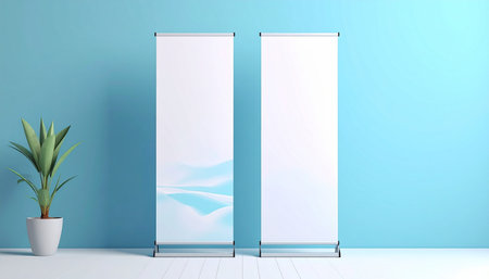 Blank roll up banner stand in blue room. 3d renderingの素材