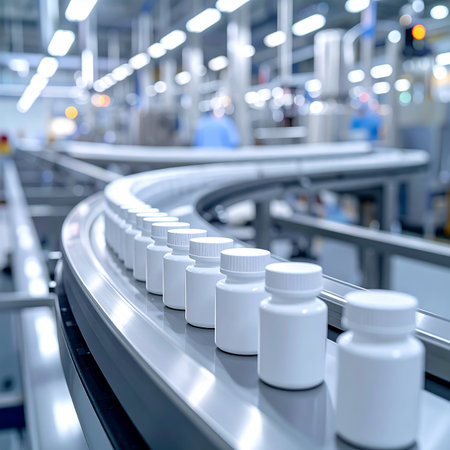 Conveyor belt with bottles of pills in a modern factory.の素材