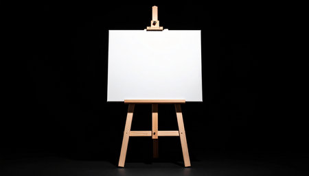 Wooden easel with blank canvas isolated on black background. Studio shot.の素材