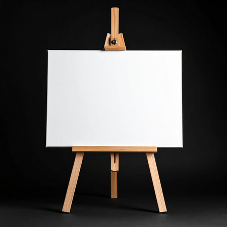 wooden easel with blank canvas on black background. 3d renderの素材