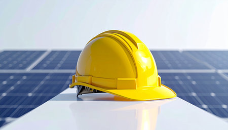 3d illustration of yellow hard hat and solar panels on the backgroundの素材