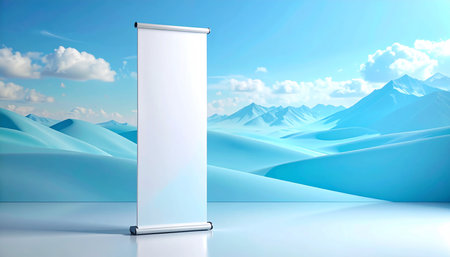 Roll up banner stand in the desert with mountains and blue sky backgroundの素材