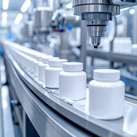 3D printer is printing plastic bottle on conveyor belt in factoryの素材