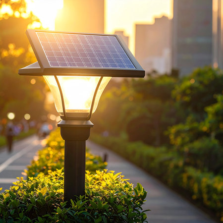 Solar panels installed on street lamppost in the city at sunsetの素材