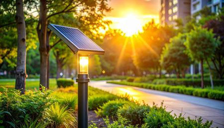 Solar panels on lamppost in the city park at sunset.の素材