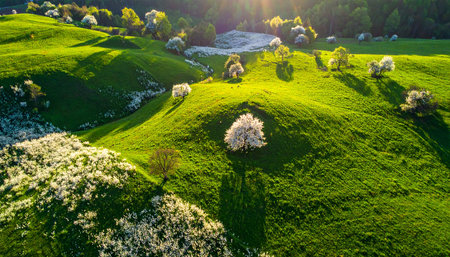 Aerial view of blooming meadows in spring. Beautiful nature landscapeの素材