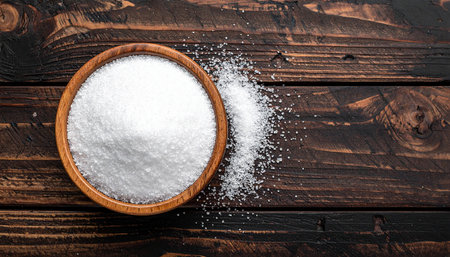 Salt in a wooden bowl on a dark wooden background. Top view.の素材