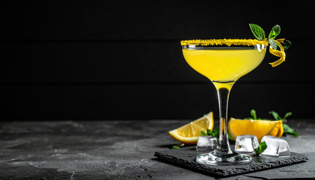 Classic Margarita cocktail with lemon, mint and ice on black backgroundの素材