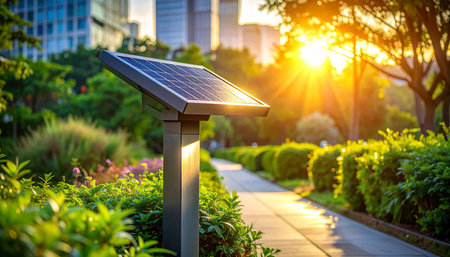 Solar panels installed on the street in the city park with sun lightの素材
