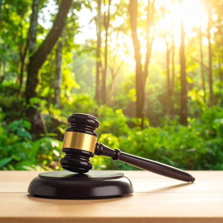 Wooden judge gavel on wooden table and green forest background.の素材