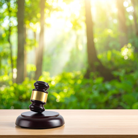 Wooden judge gavel on wooden table with nature green bokeh backgroundの素材
