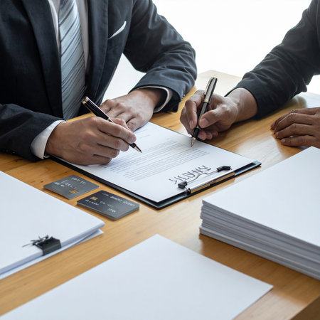 Businessman signing a contract with his partner in the office. Business concept.の素材