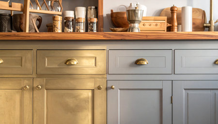 Close up of kitchen cabinet in a modern kitchen with copy space.の素材