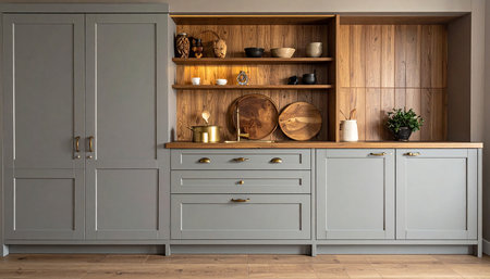 Kitchen interior design with wooden cupboards. 3d render.の素材