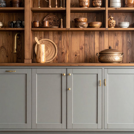 Kitchen cabinet with wooden utensils. 3d render.の素材