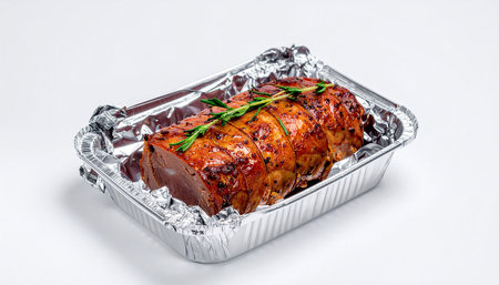 Baked pork knuckle with spices and rosemary in foil on white backgroundの素材