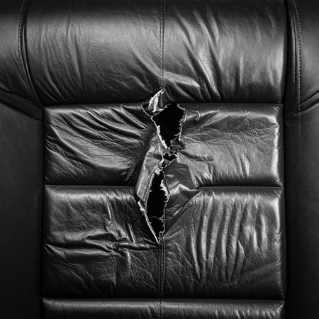 Black leather sofa with a hole in the wall. Black and whiteの素材