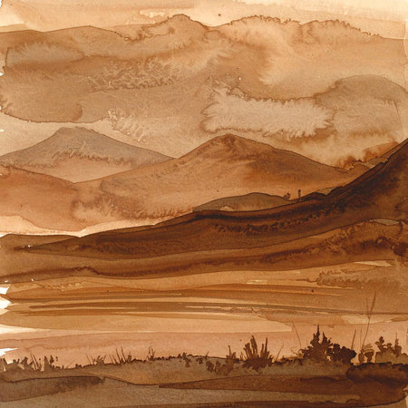 watercolor painting on paper - landscape of mountains and sky with cloudsの素材