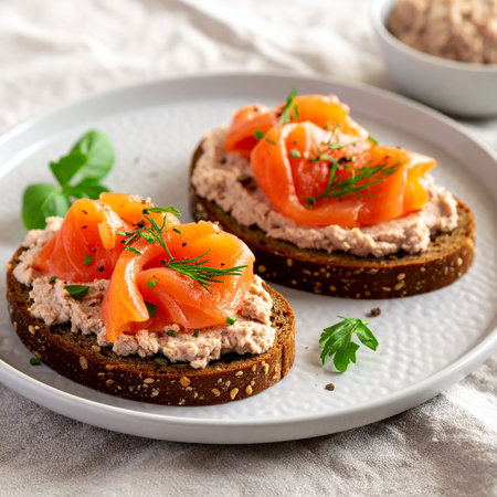 Sandwiches with salmon, cream cheese and herbs on a plateの素材