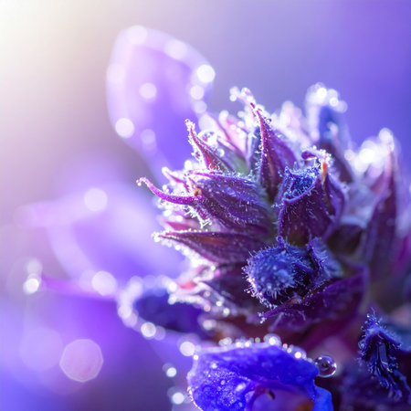 Macro of a purple salvia salvia flower with dew dropsの素材