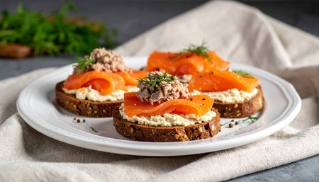Sandwiches with smoked salmon, cream cheese and dill on a plateの素材