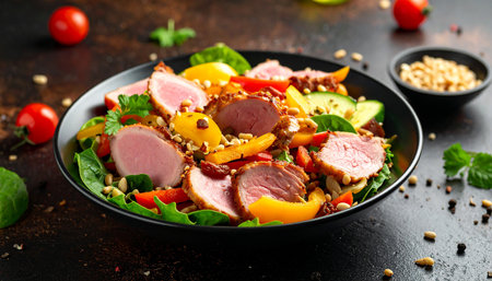 Salad with beef, quinoa and vegetables on dark background.の素材